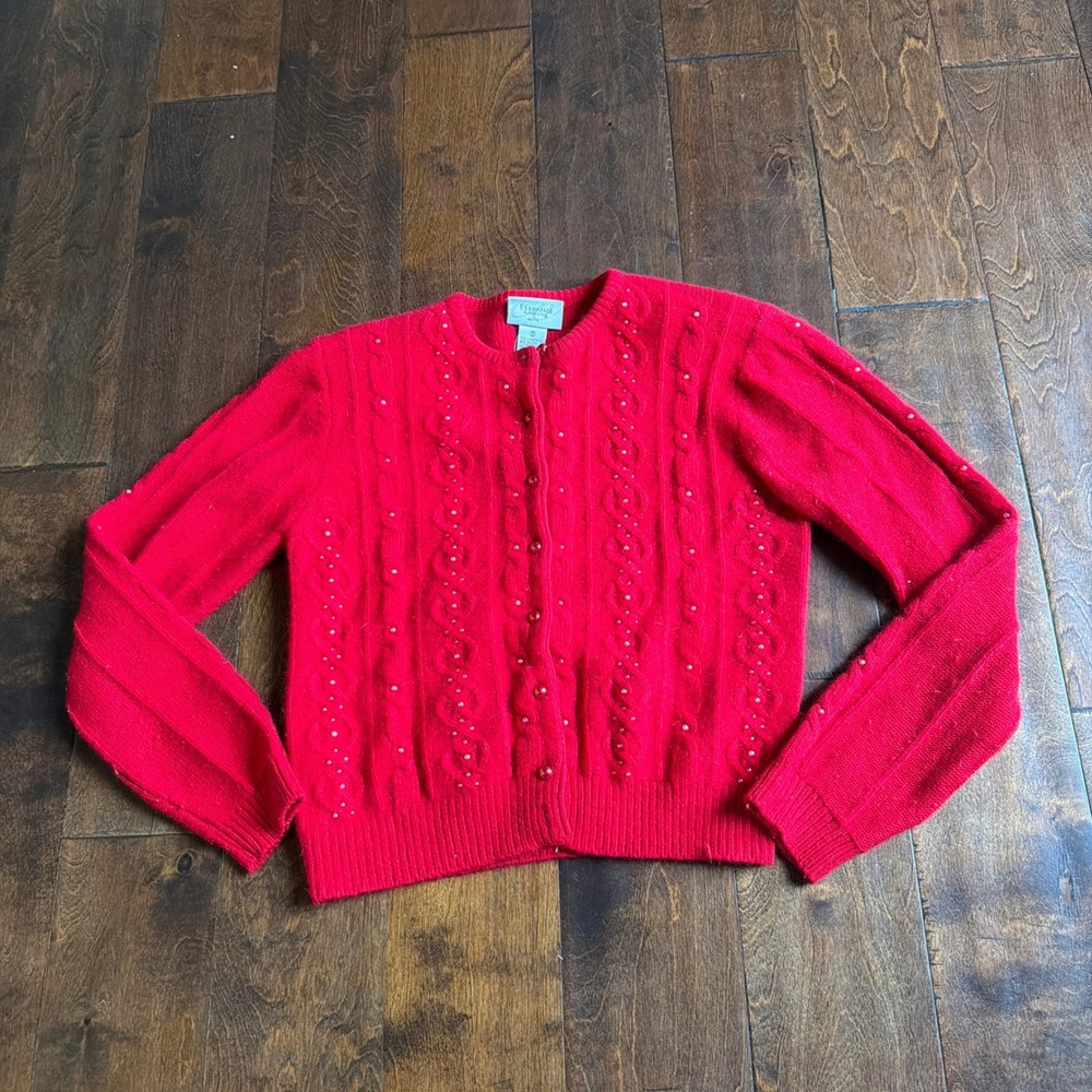 Vintage Small Petite Red Lambswool Angora Pearl Cable Knit Cardigan Sweater